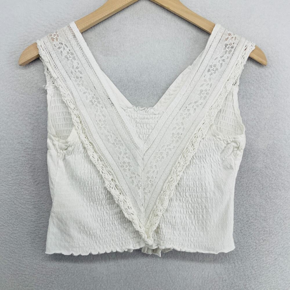 FREE PEOPLE Tank Top S On My Mind Vest Smocked Lace Trim Crop Button Up White - Picture 4 of 13